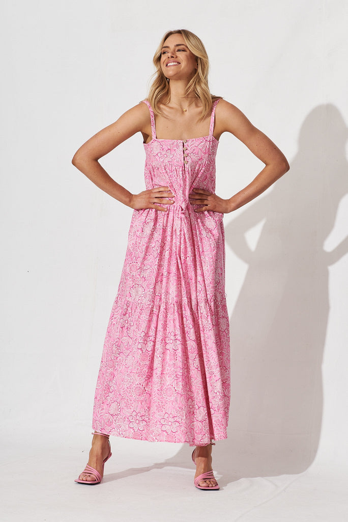 Newry Maxi Smock Dress In Pink Floral Cotton - full length