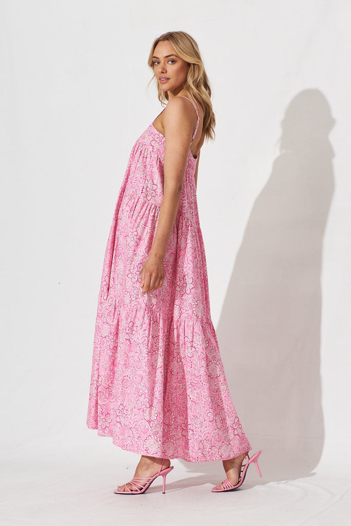 Newry Maxi Smock Dress In Pink Floral Cotton - side