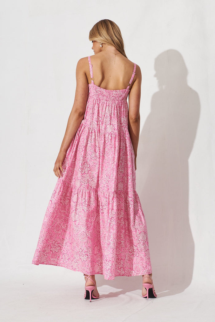 Newry Maxi Smock Dress In Pink Floral Cotton - back