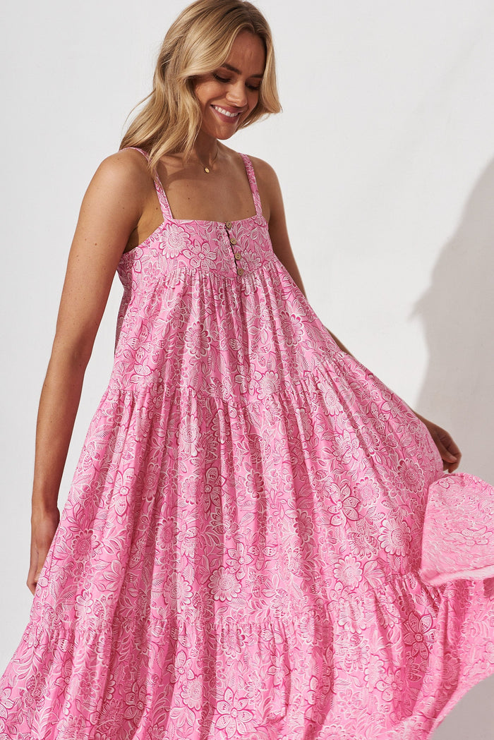 Newry Maxi Smock Dress In Pink Floral Cotton - front