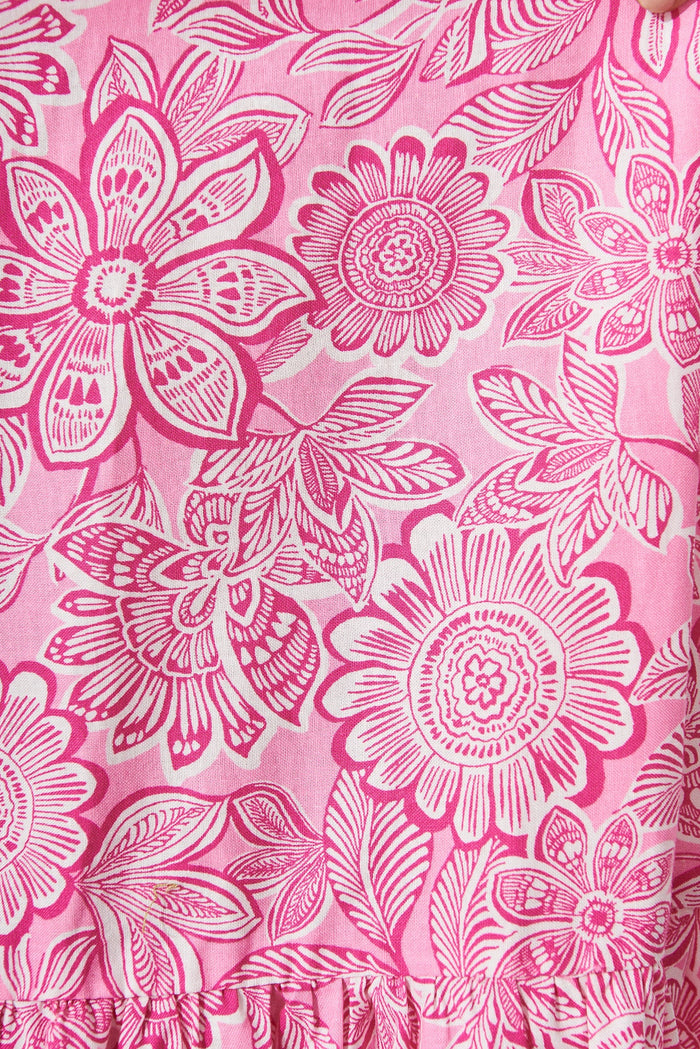 Newry Maxi Smock Dress In Pink Floral Cotton - fabric