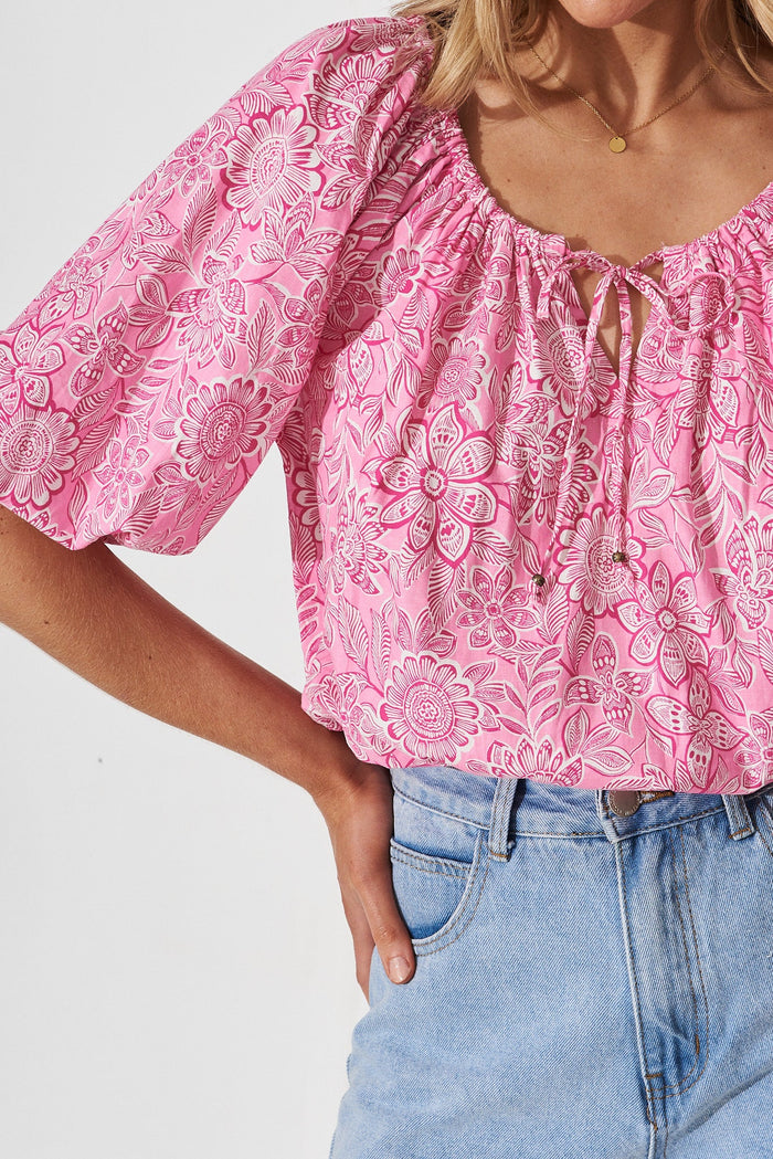 Winchester Top In Pink Floral Cotton - detail