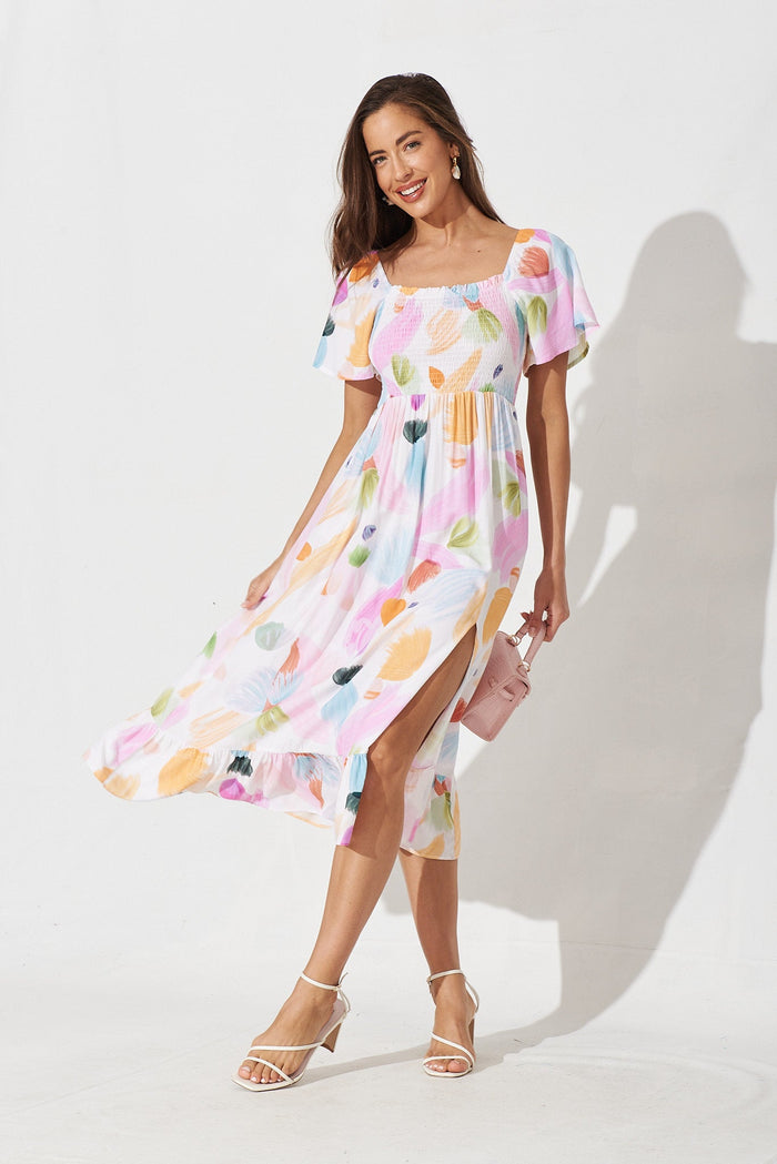 Everton Midi Dress In White With Purple Floral - full length