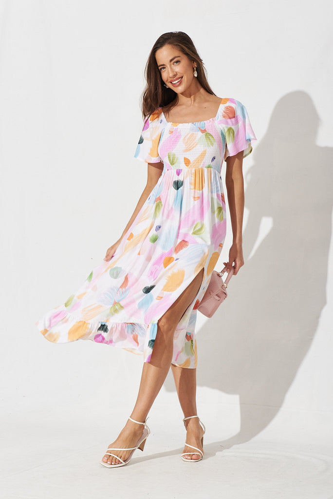 Everton Midi Dress In White With Purple Floral - full length