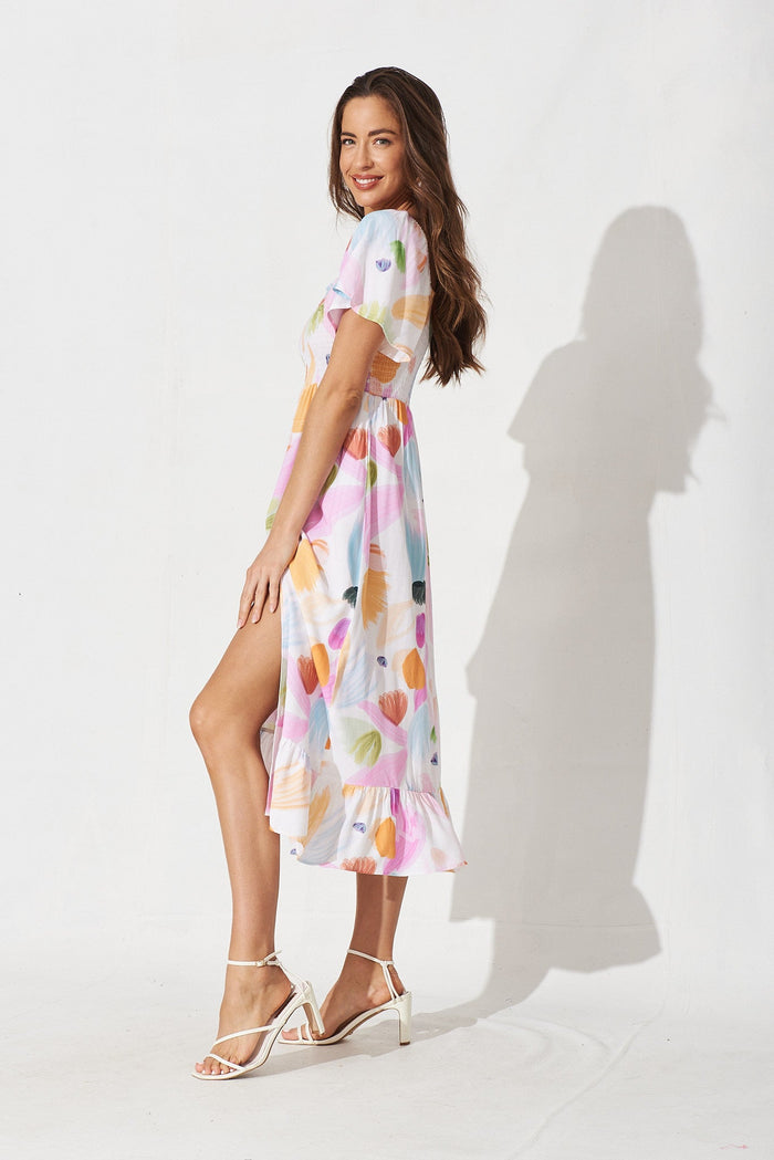 Everton Midi Dress In White With Purple Floral - side