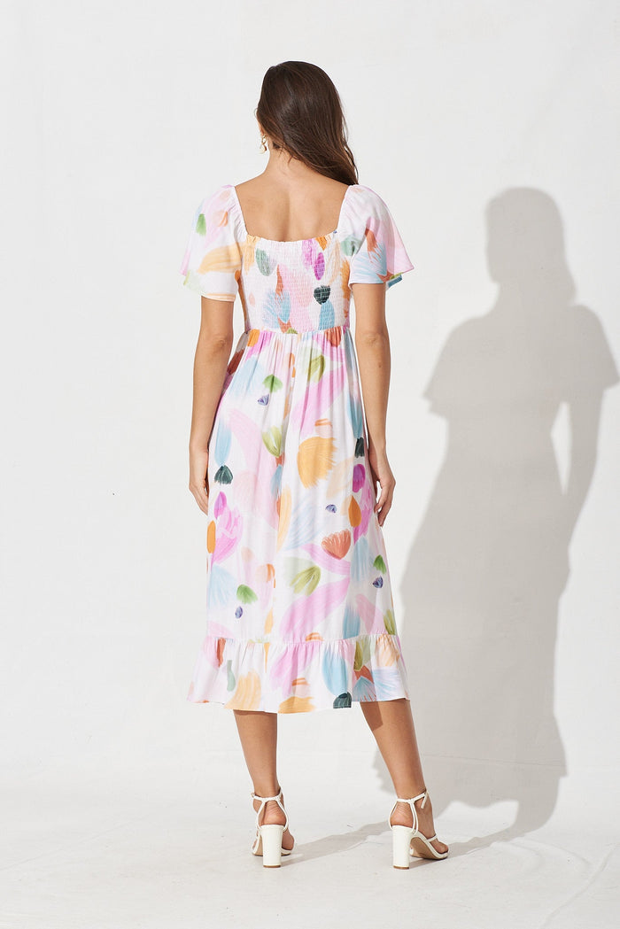 Everton Midi Dress In White With Purple Floral - back