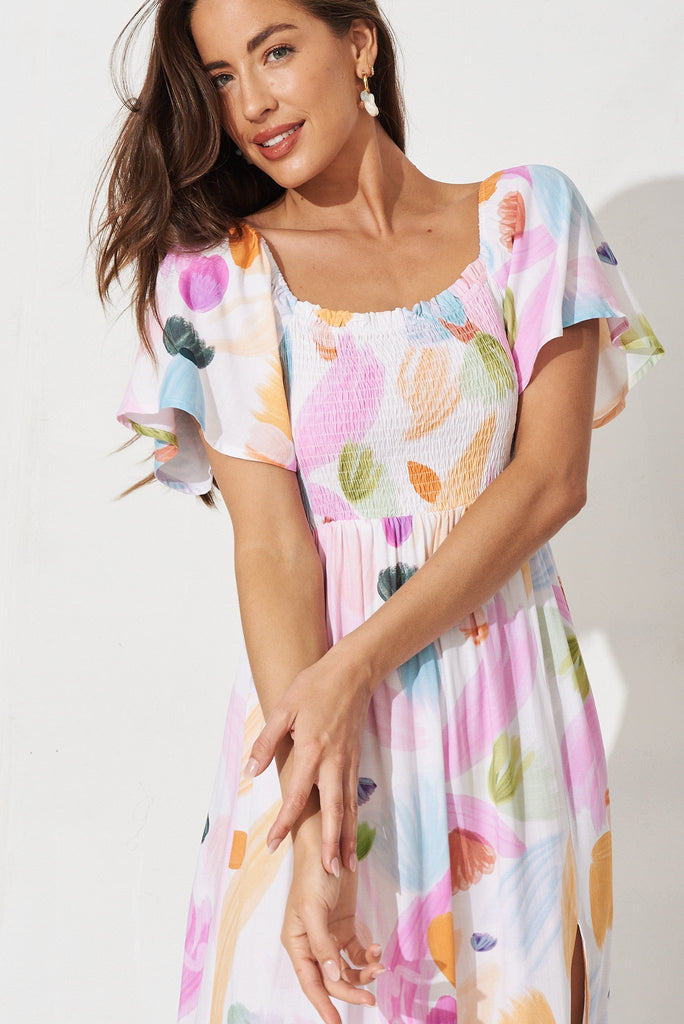 Everton Midi Dress In White With Purple Floral - front