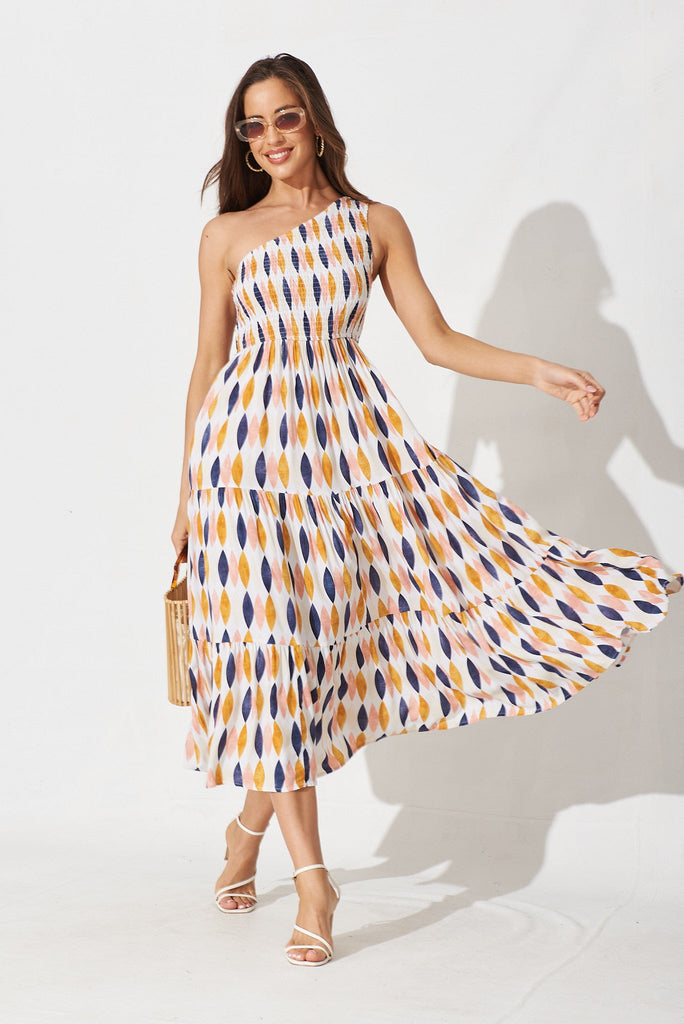 Hannary Midi Dress In White With Yellow And Navy Leaf Print - full length