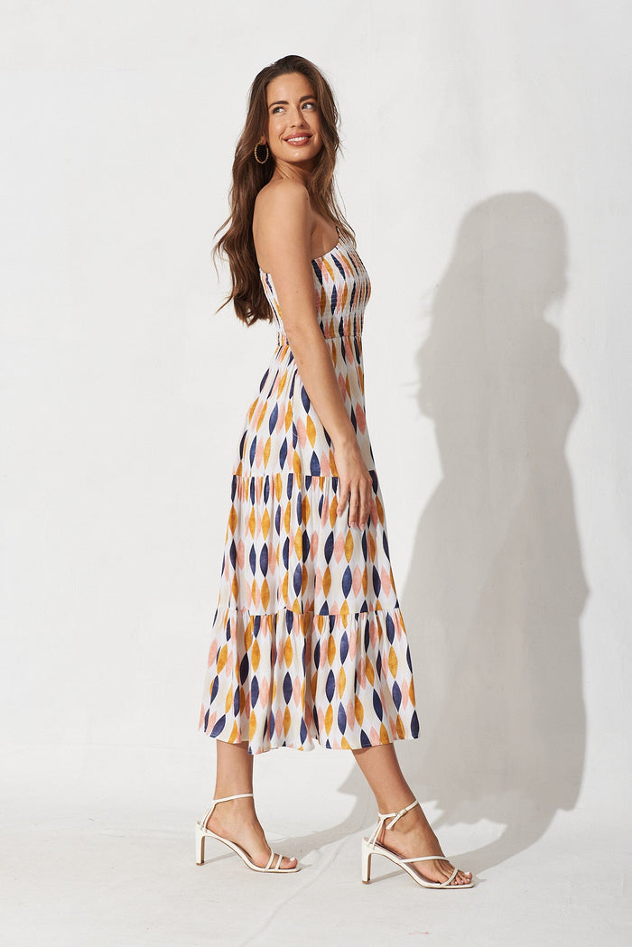 Hannary Midi Dress In White With Yellow And Navy Leaf Print - right side