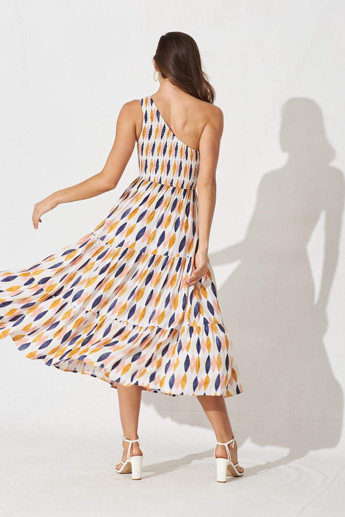 Hannary Midi Dress In White With Yellow And Navy Leaf Print - back