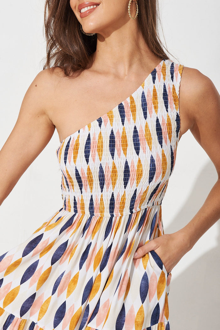 Hannary Midi Dress In White With Yellow And Navy Leaf Print - detail