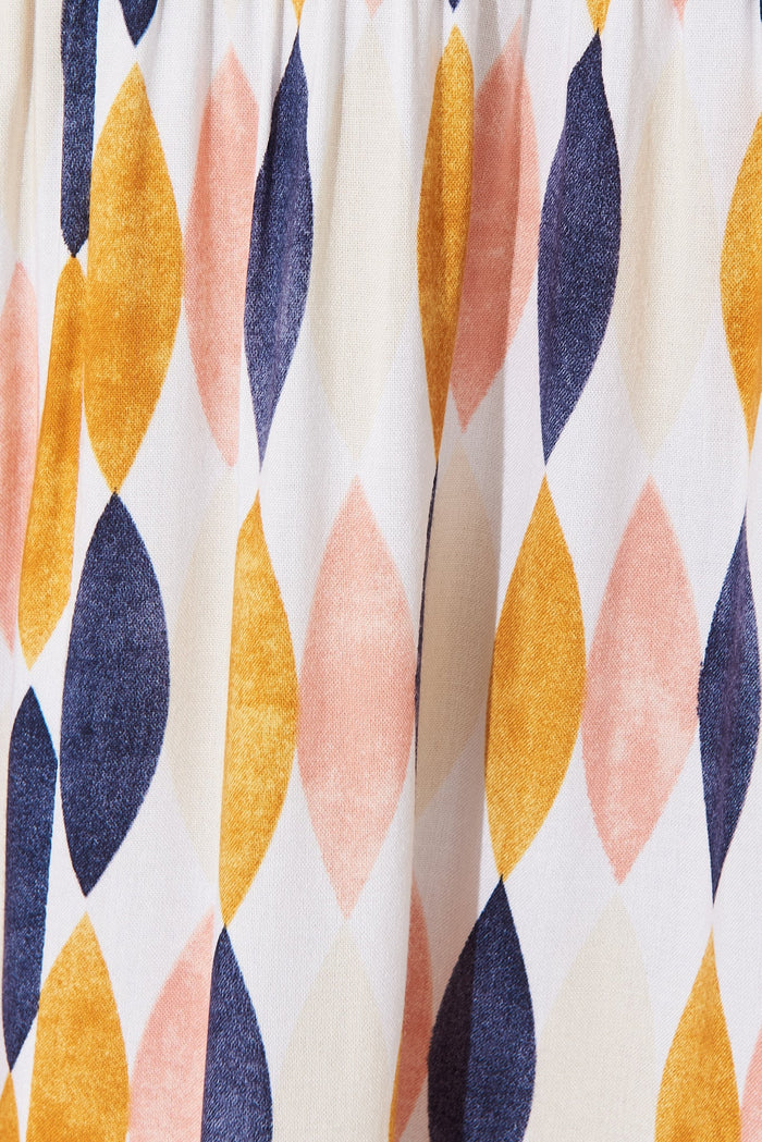 Hannary Midi Dress In White With Yellow And Navy Leaf Print - fabric