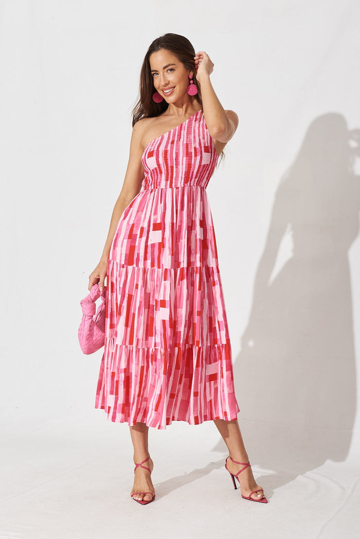 Hannary Midi Dress In Pink With Red Stripe - full length