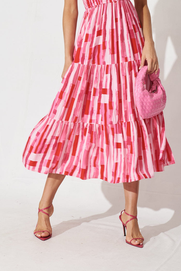 Hannary Midi Dress In Pink With Red Stripe - detail