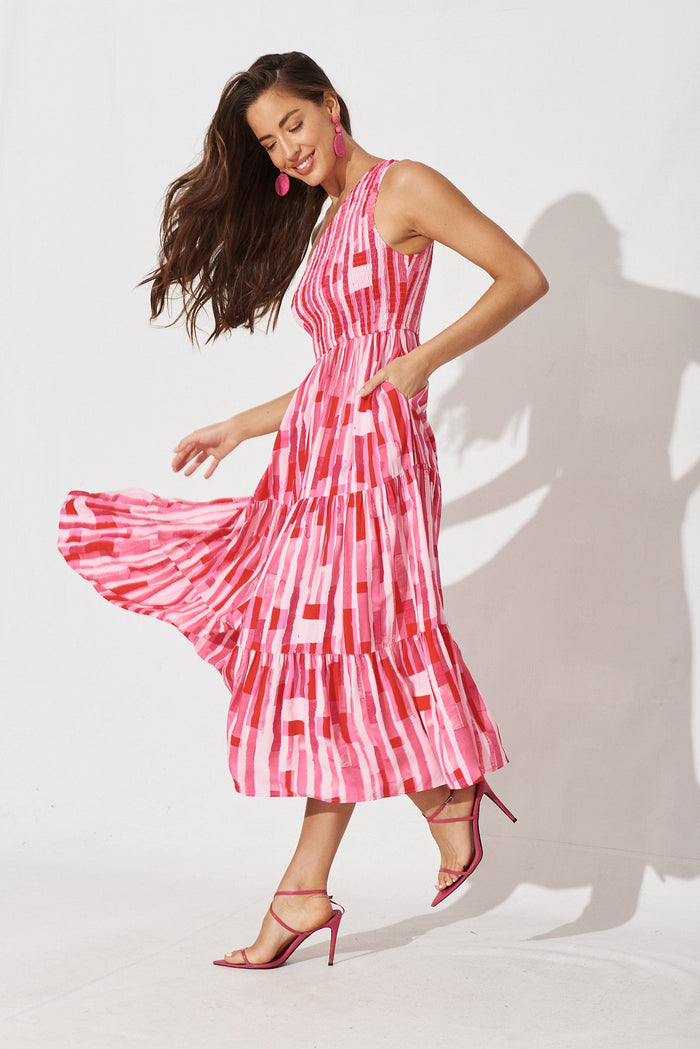 Hannary Midi Dress In Pink With Red Stripe - left side