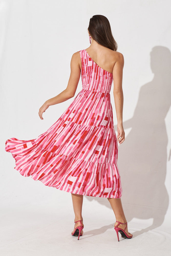 Hannary Midi Dress In Pink With Red Stripe - back
