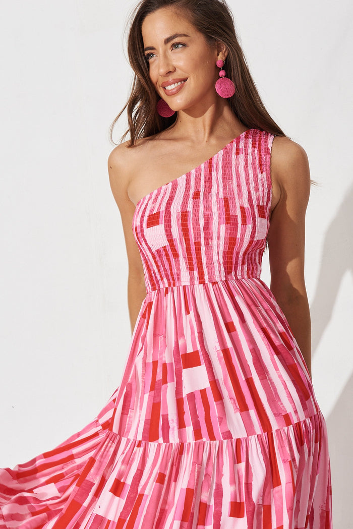 Hannary Midi Dress In Pink With Red Stripe - front