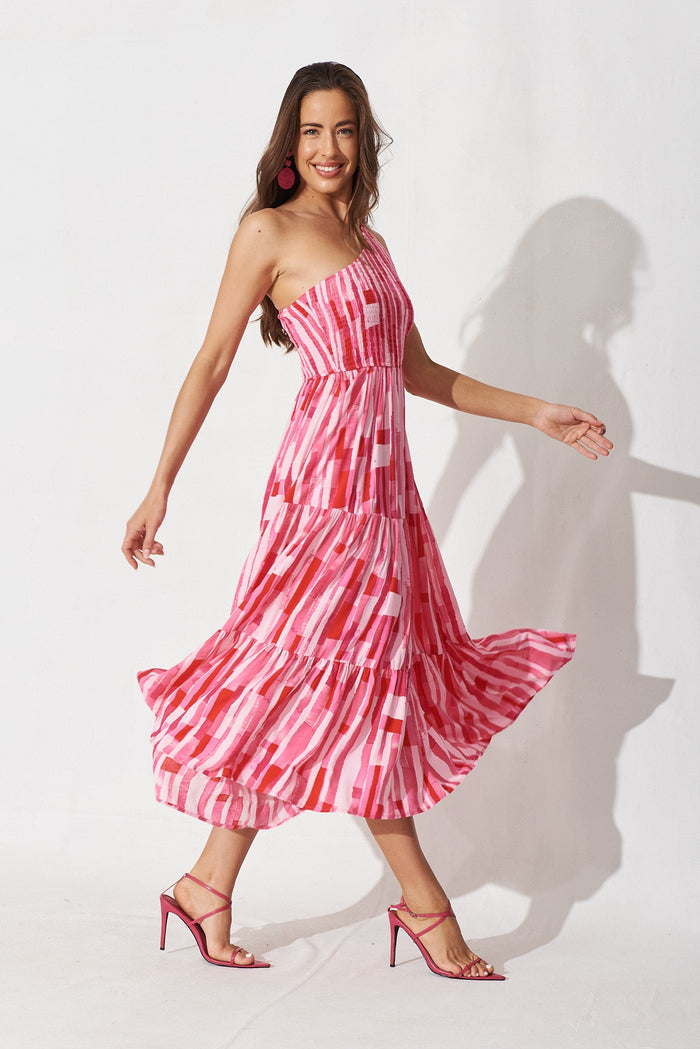 Hannary Midi Dress In Pink With Red Stripe - right side