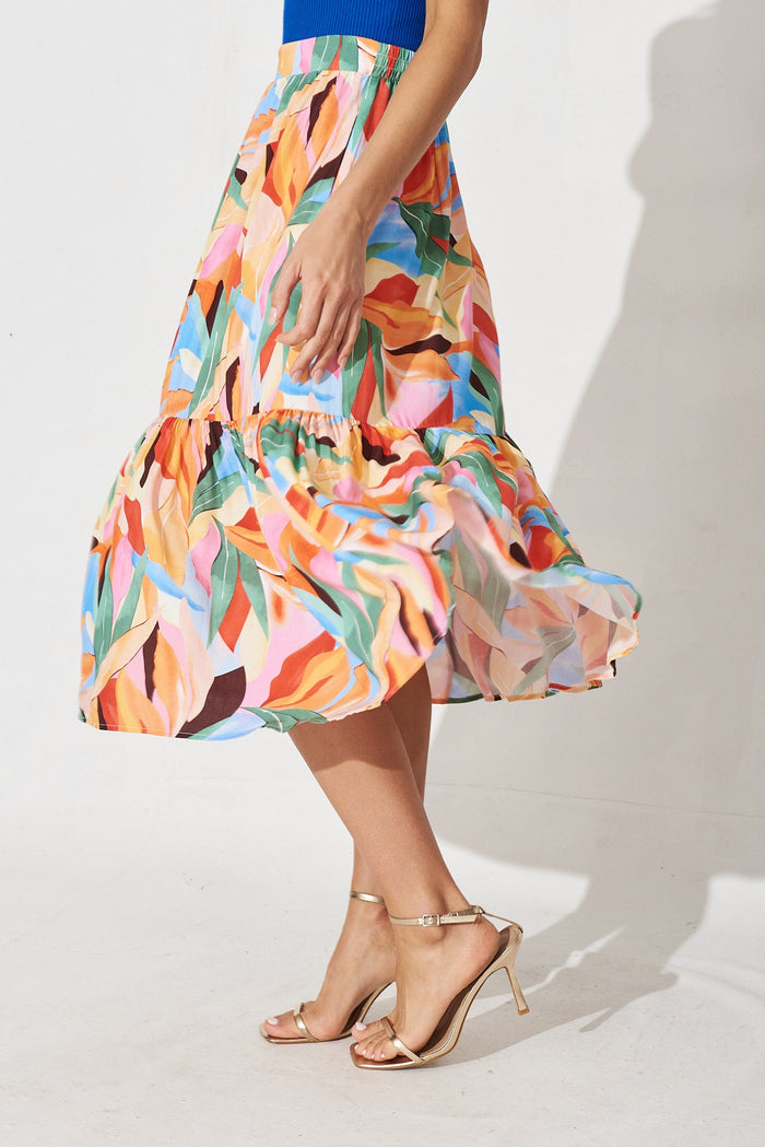 Farley Hill Midi Skirt In Orange With Green Multiple Leaf Print - side