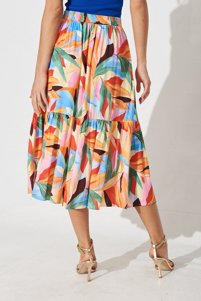 Farley Hill Midi Skirt In Orange With Green Multiple Leaf Print - back