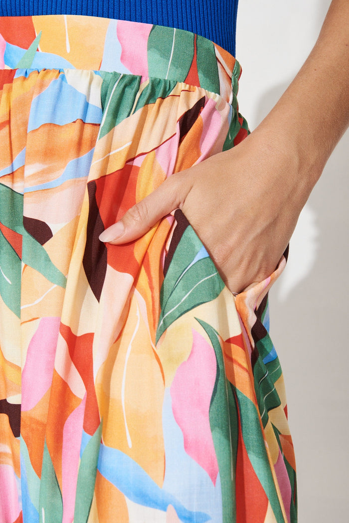 Farley Hill Midi Skirt In Orange With Green Multiple Leaf Print - detail