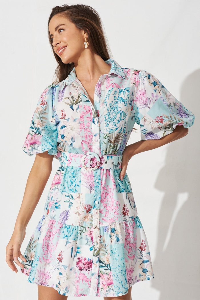 Courtney Shirt Dress In Blue Patch Floral - front