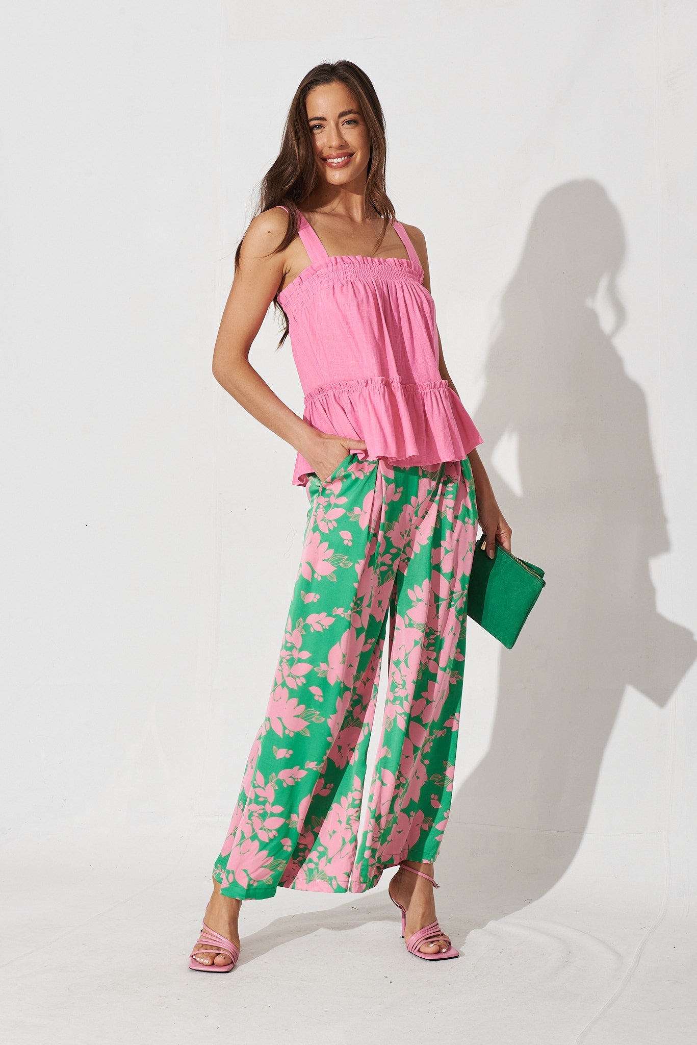 Thames Pants In Green With Pink Leaf - full length