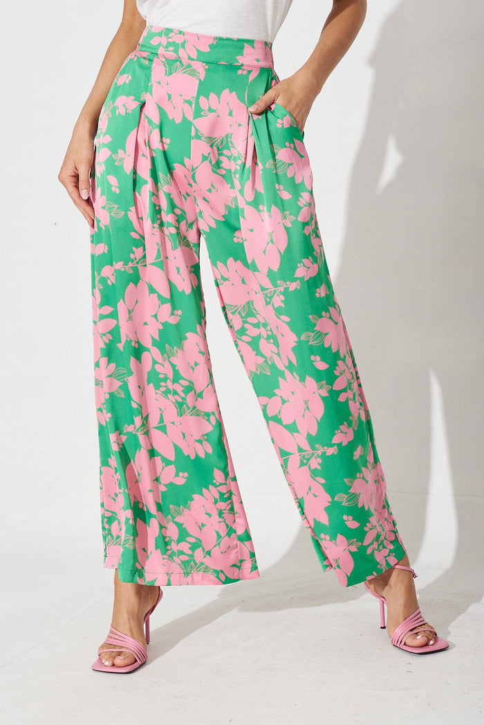 Thames Pants In Green With Pink Leaf - front
