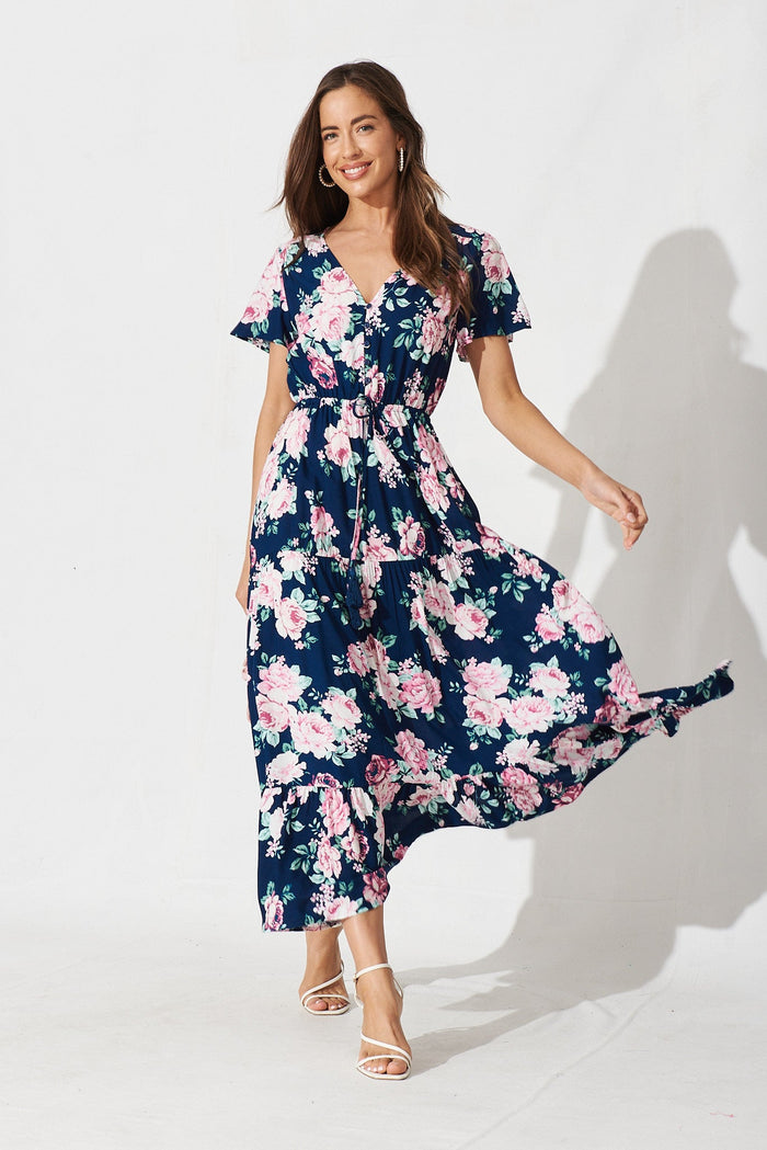 Chicksand Midi Dress In Navy With Pink Floral - full length
