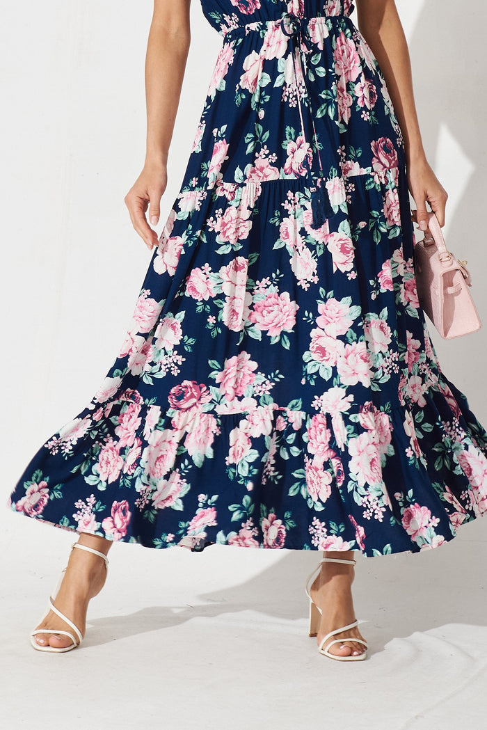 Chicksand Midi Dress In Navy With Pink Floral - detail