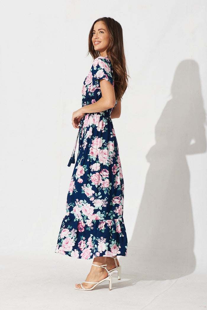 Chicksand Midi Dress In Navy With Pink Floral - side