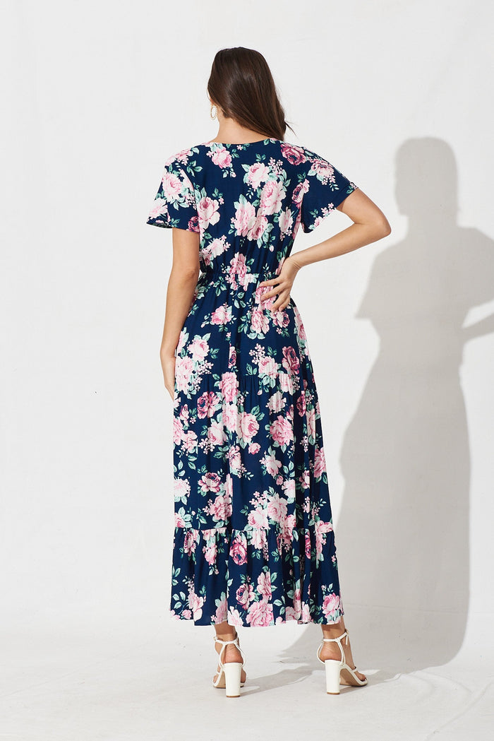 Chicksand Midi Dress In Navy With Pink Floral - back