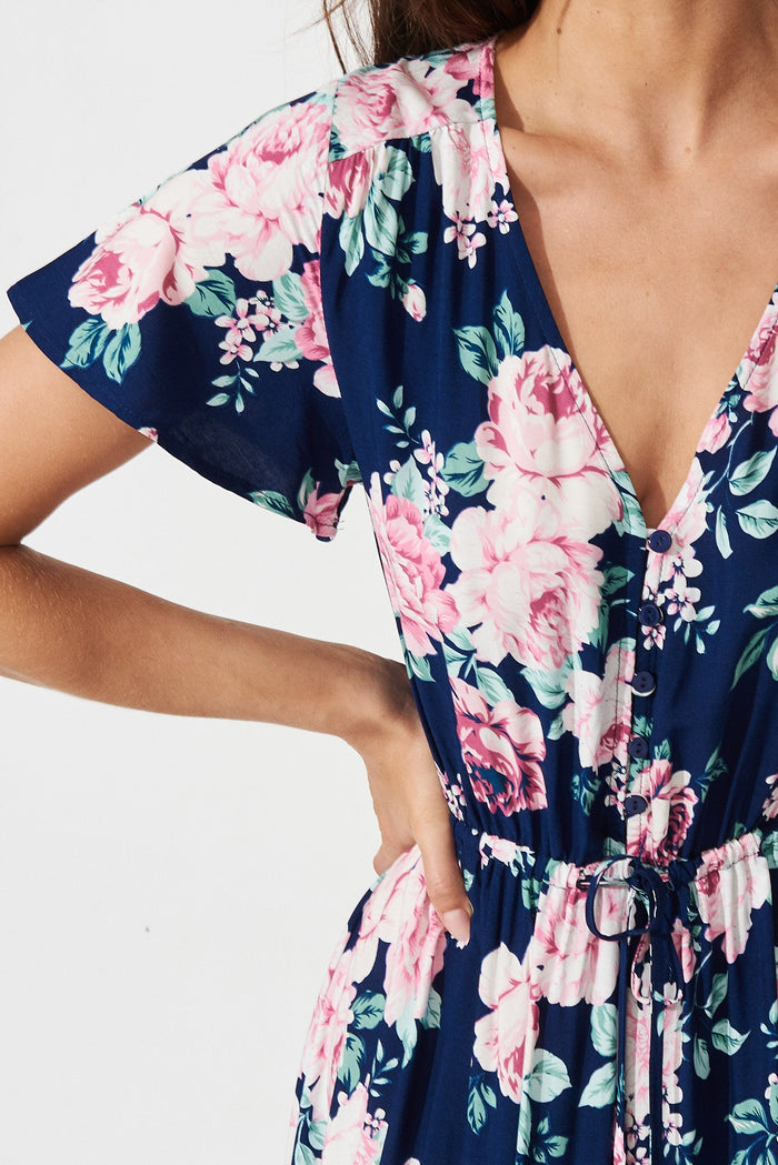 Chicksand Midi Dress In Navy With Pink Floral - detail