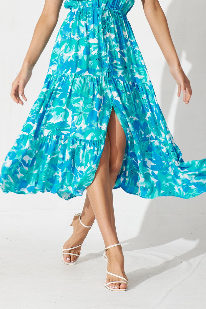 Elxia Midi Dress In White With Green And Blue Floral - detail