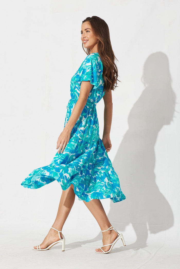 Elxia Midi Dress In White With Green And Blue Floral - side