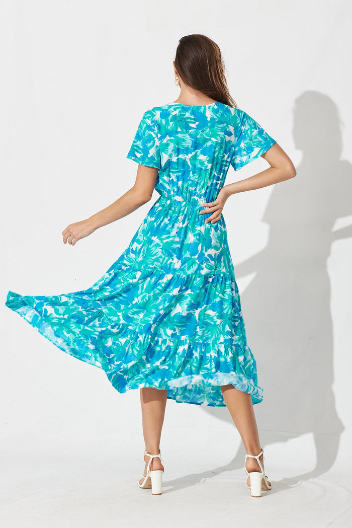 Elxia Midi Dress In White With Green And Blue Floral - back