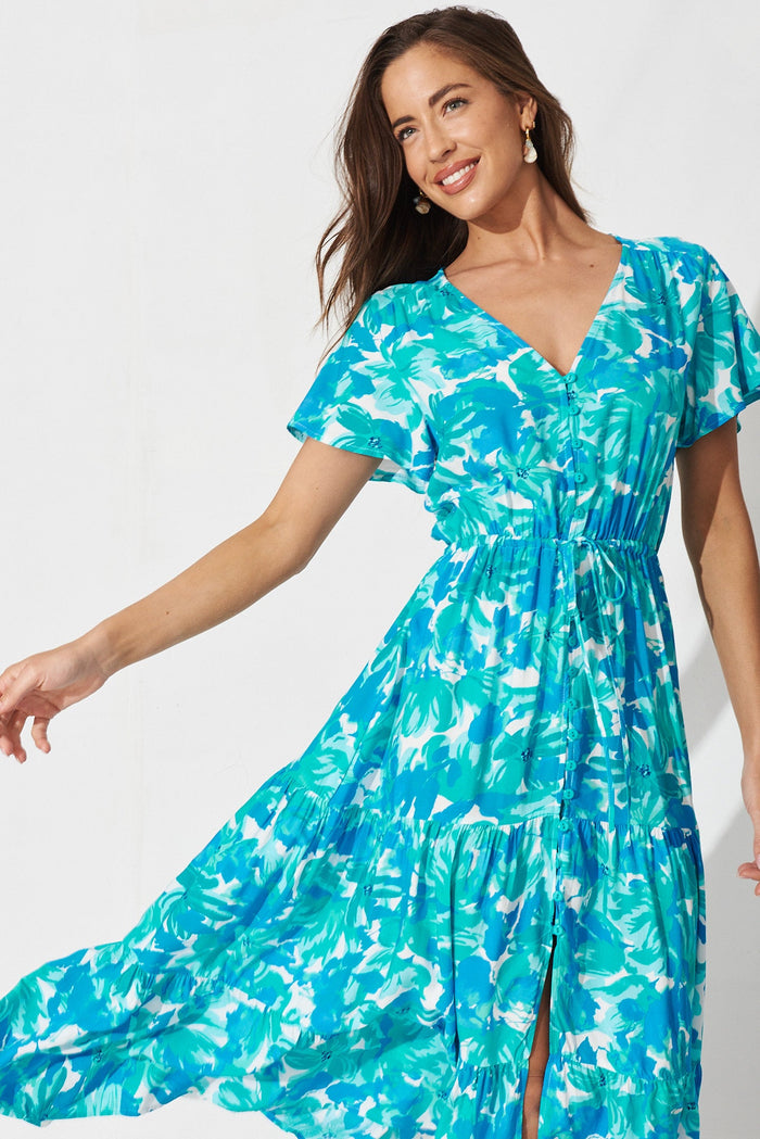 Elxia Midi Dress In White With Green And Blue Floral - front