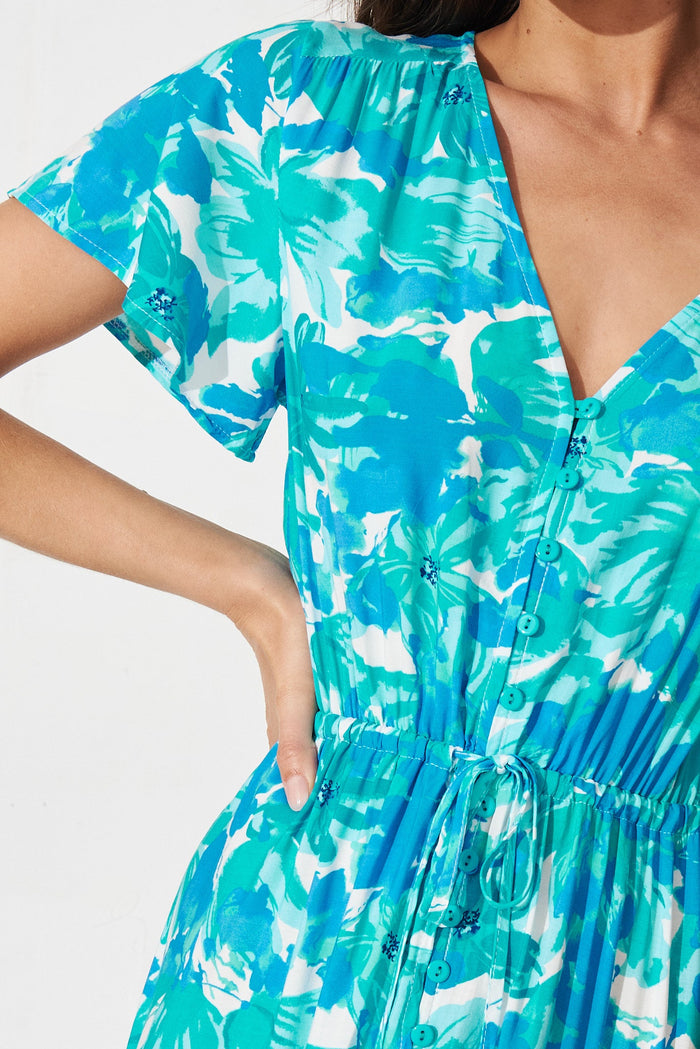 Elxia Midi Dress In White With Green And Blue Floral - detail