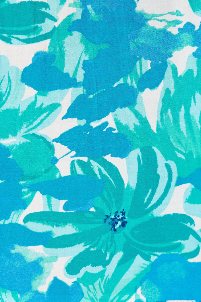 Elxia Midi Dress In White With Green And Blue Floral - fabric
