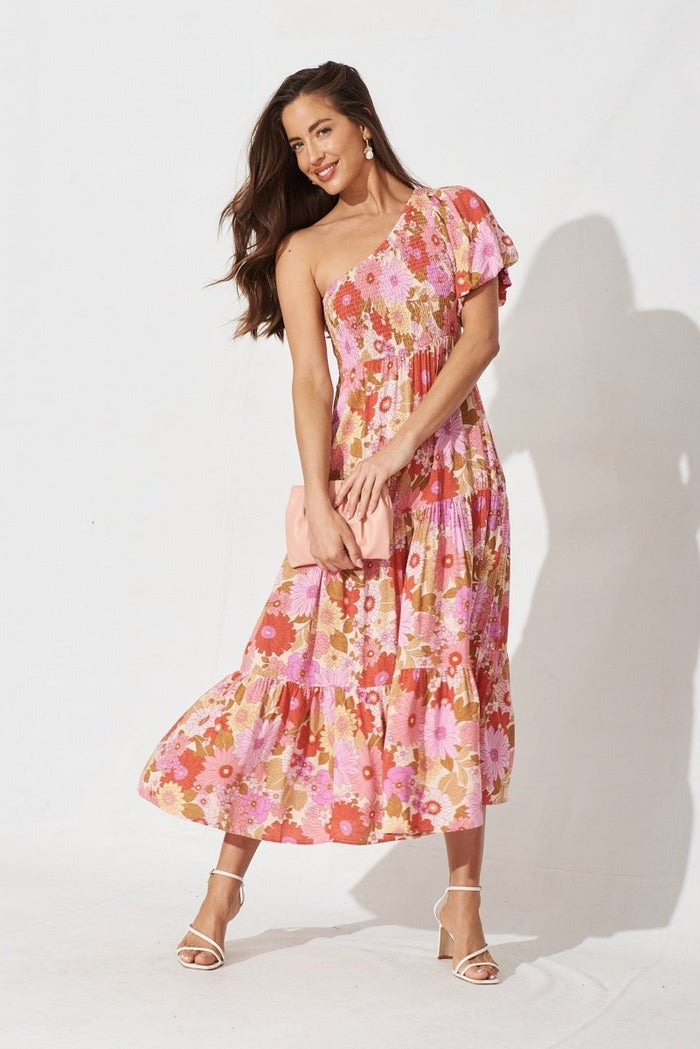 Botanic Midi Dress In Pink With Purple Floral - St Frock (Dev)