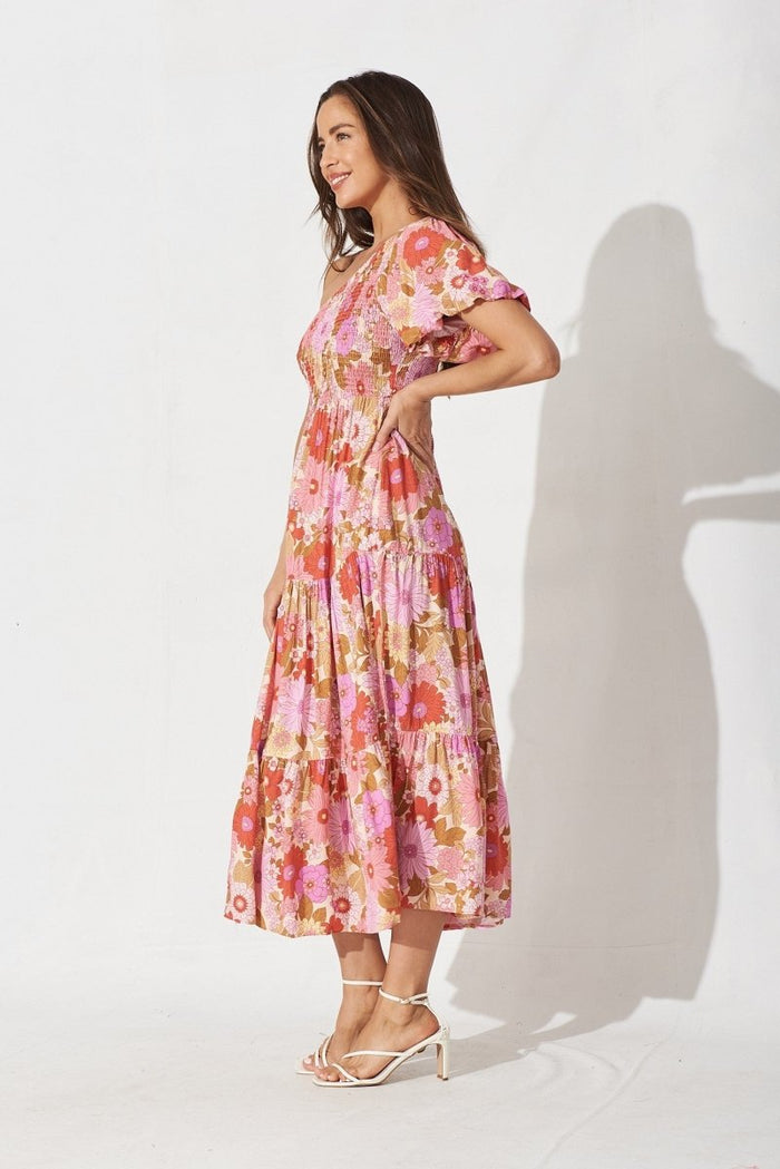 Botanic Midi Dress In Pink With Purple Floral - St Frock (Dev)