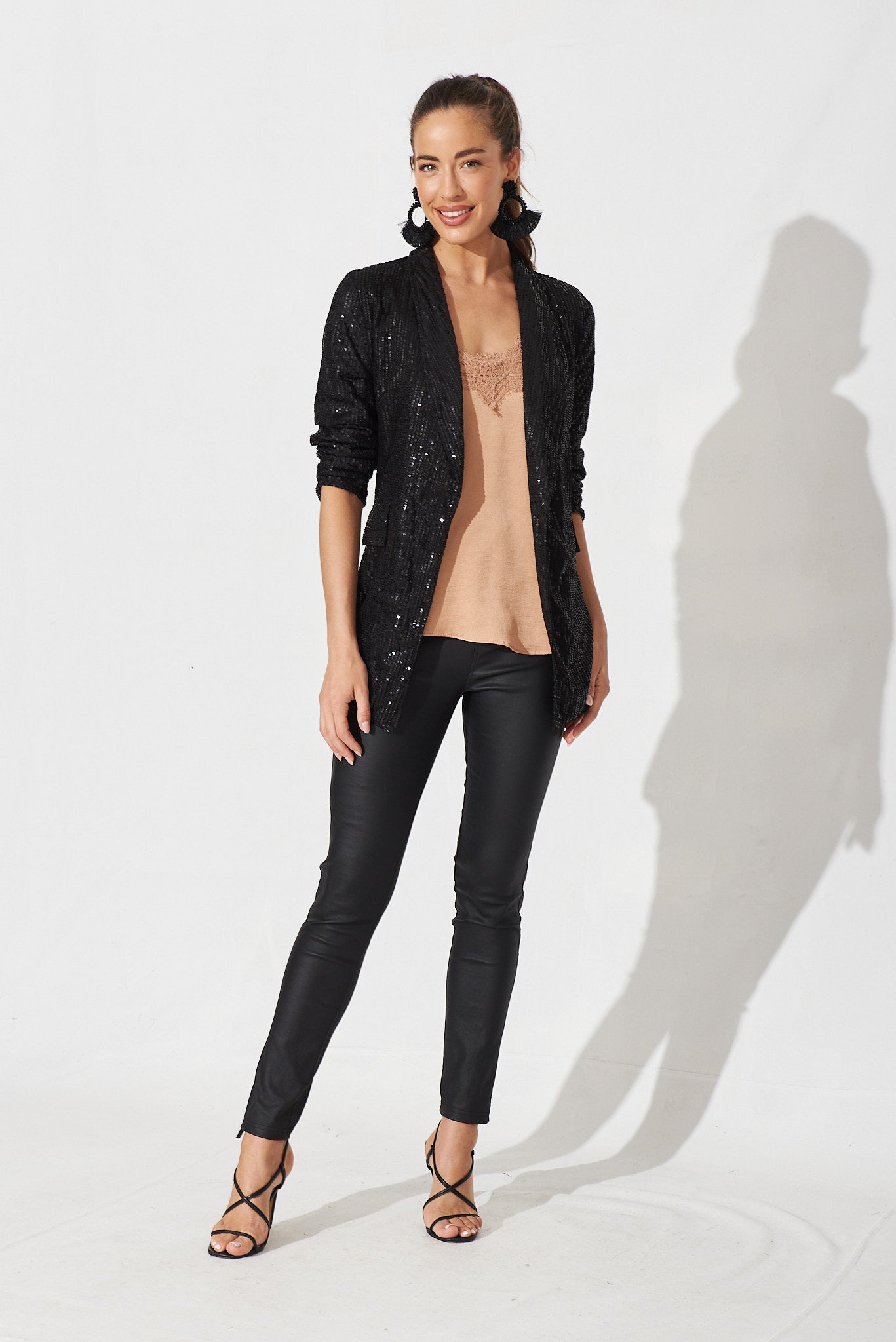 Jackie Blazer In Black Gold Sequin - full length