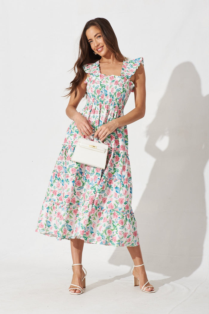 Millbrook Midi Dress In White With Pink Floral Cotton - full length