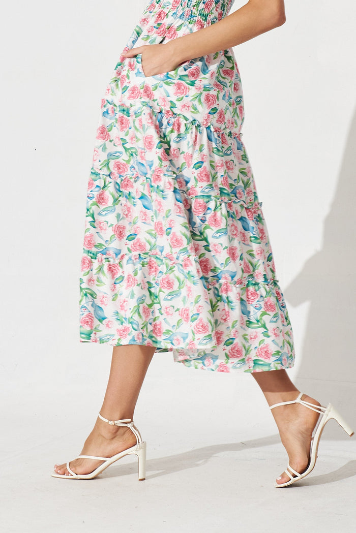 Millbrook Midi Dress In White With Pink Floral Cotton - detail