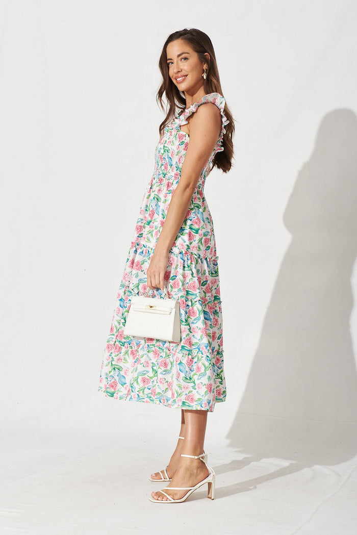 Millbrook Midi Dress In White With Pink Floral Cotton - side