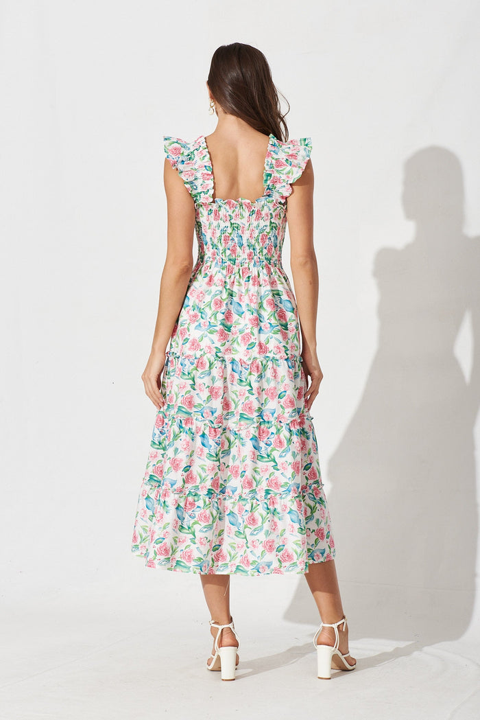 Millbrook Midi Dress In White With Pink Floral Cotton - back