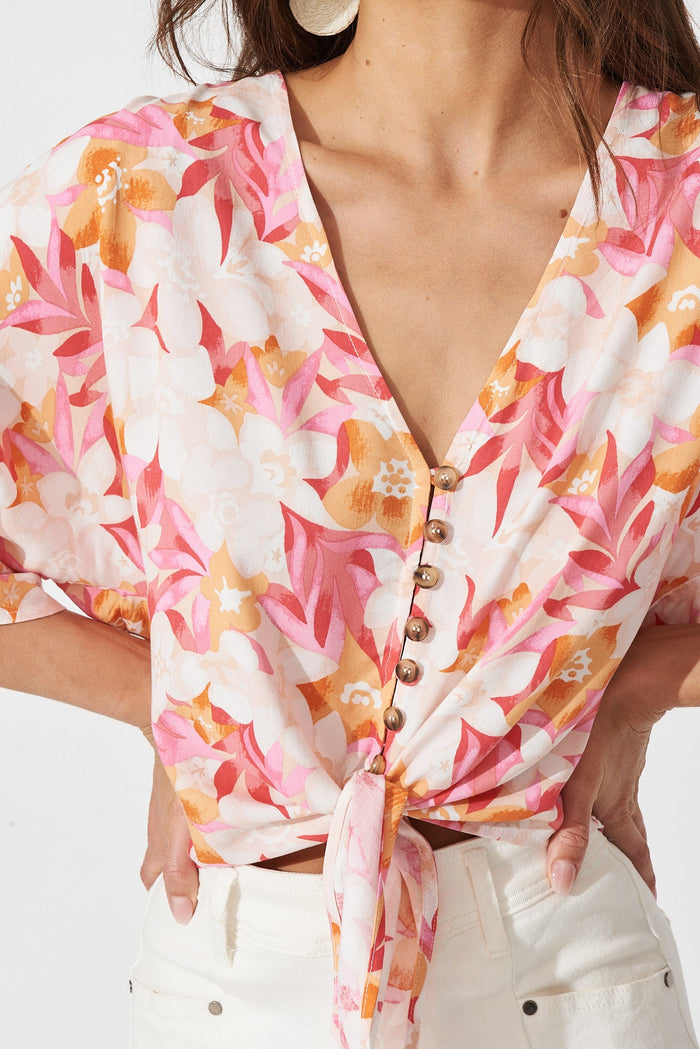 Laurent Top In Pink With White Floral - detail