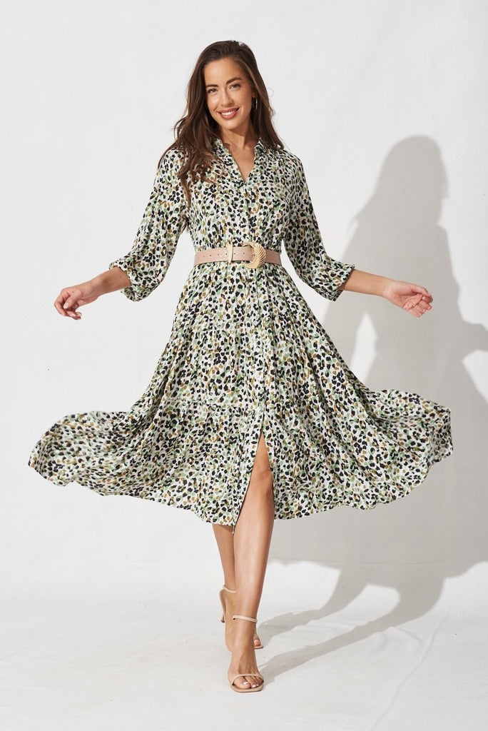 Carrara Midi Shirt Dress In Green With Leopard Print - St Frock (Dev)