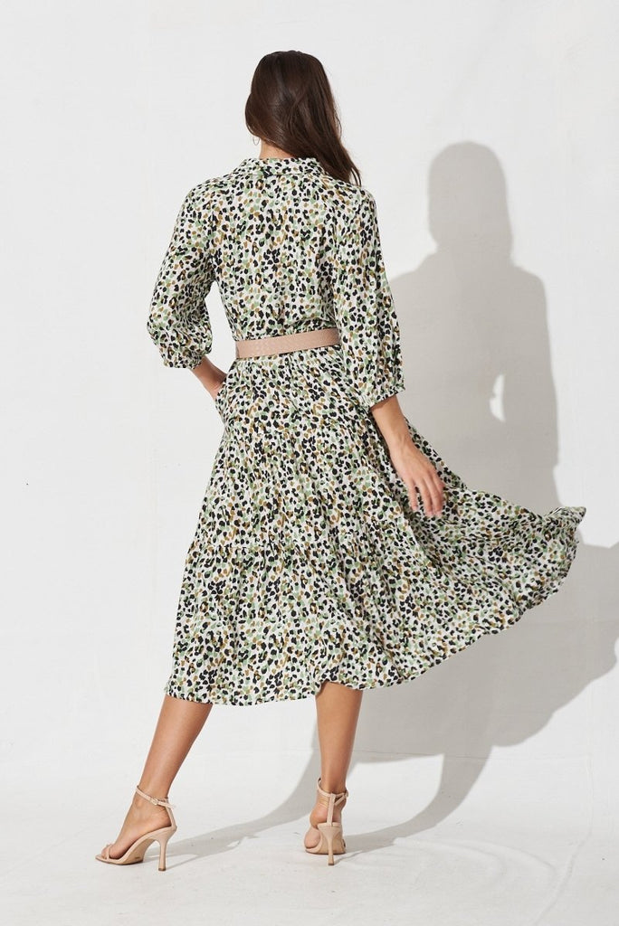 Carrara Midi Shirt Dress In Green With Leopard Print - St Frock (Dev)