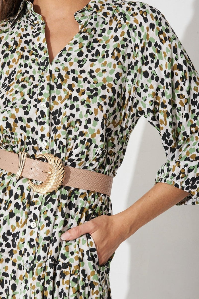 Carrara Midi Shirt Dress In Green With Leopard Print - St Frock (Dev)